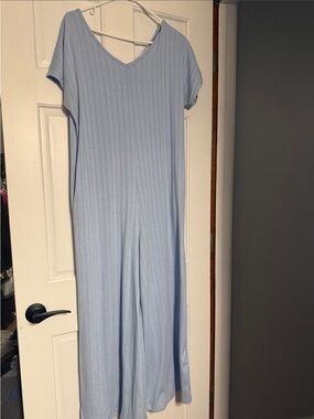 Light Blue Ribbed V-Neck Jumpsuit
